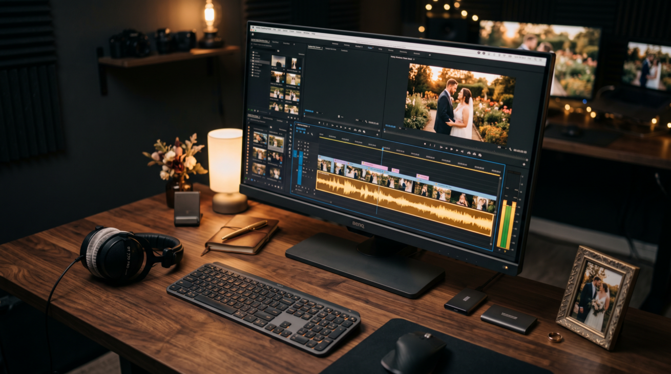 Bureau de montage vidéo avec forme d'onde audio — musique des films de mariage