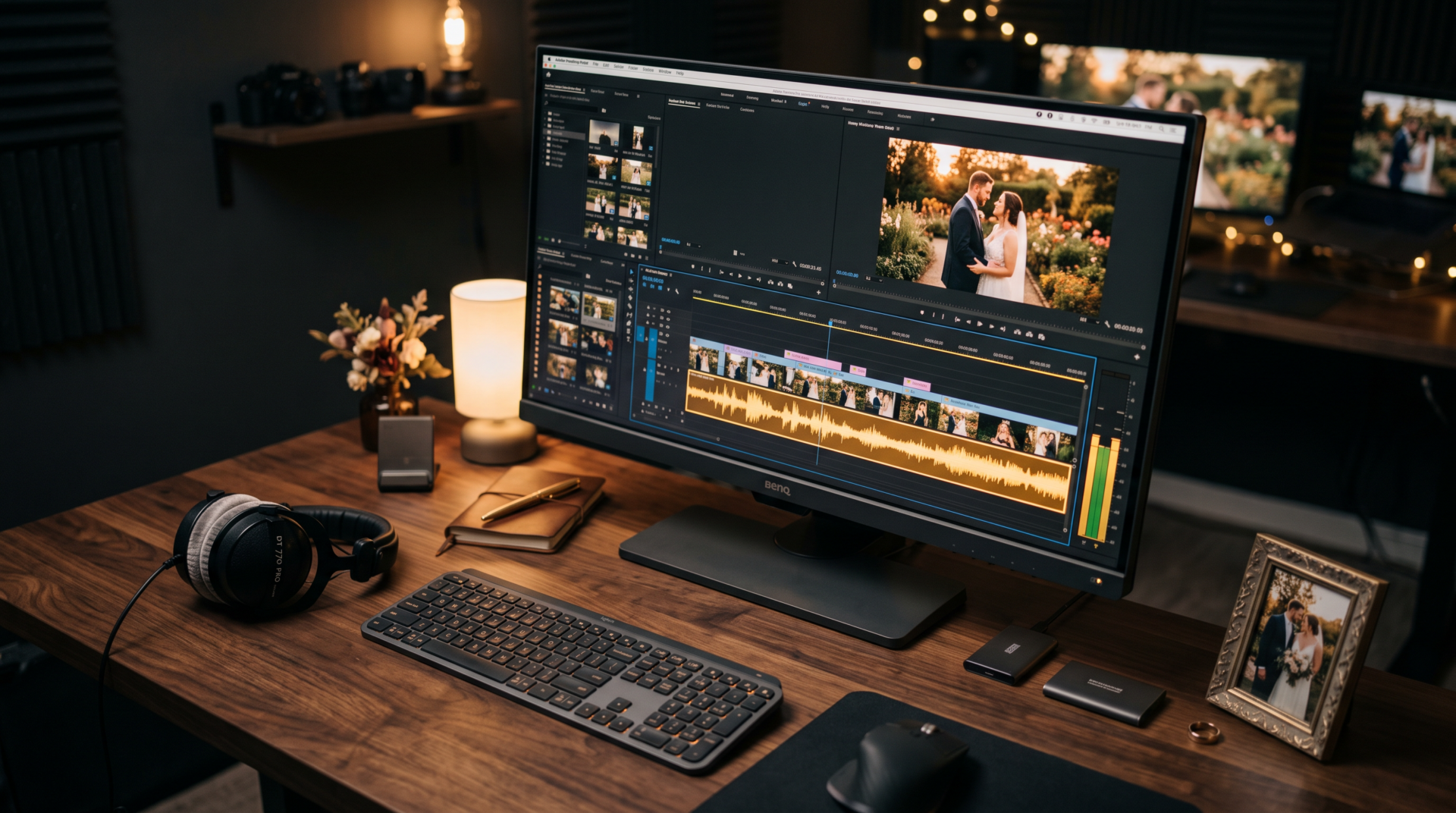Bureau de montage vidéo avec forme d'onde audio — musique des films de mariage